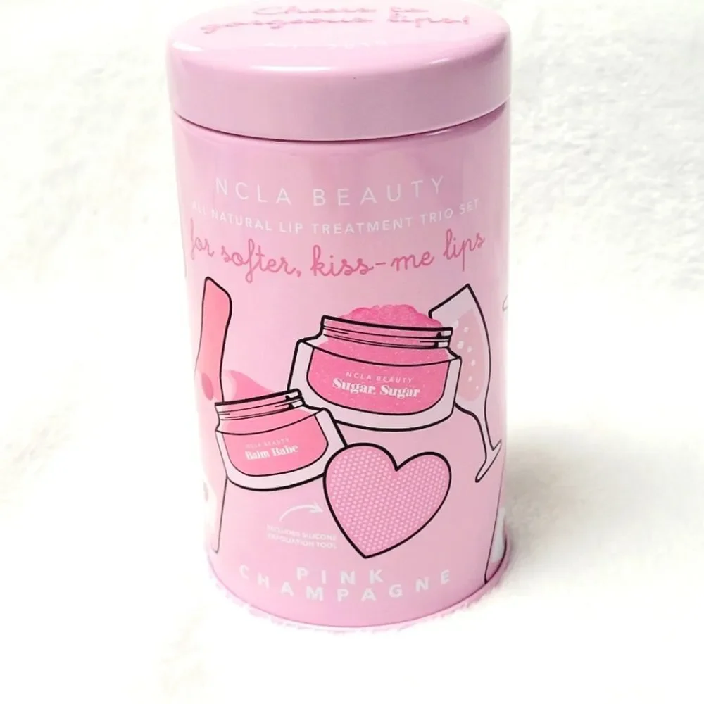 NCLA Beauty Pink Champagne Lip Treatment Trio Set Sugar Scrub Balm Scrubber New